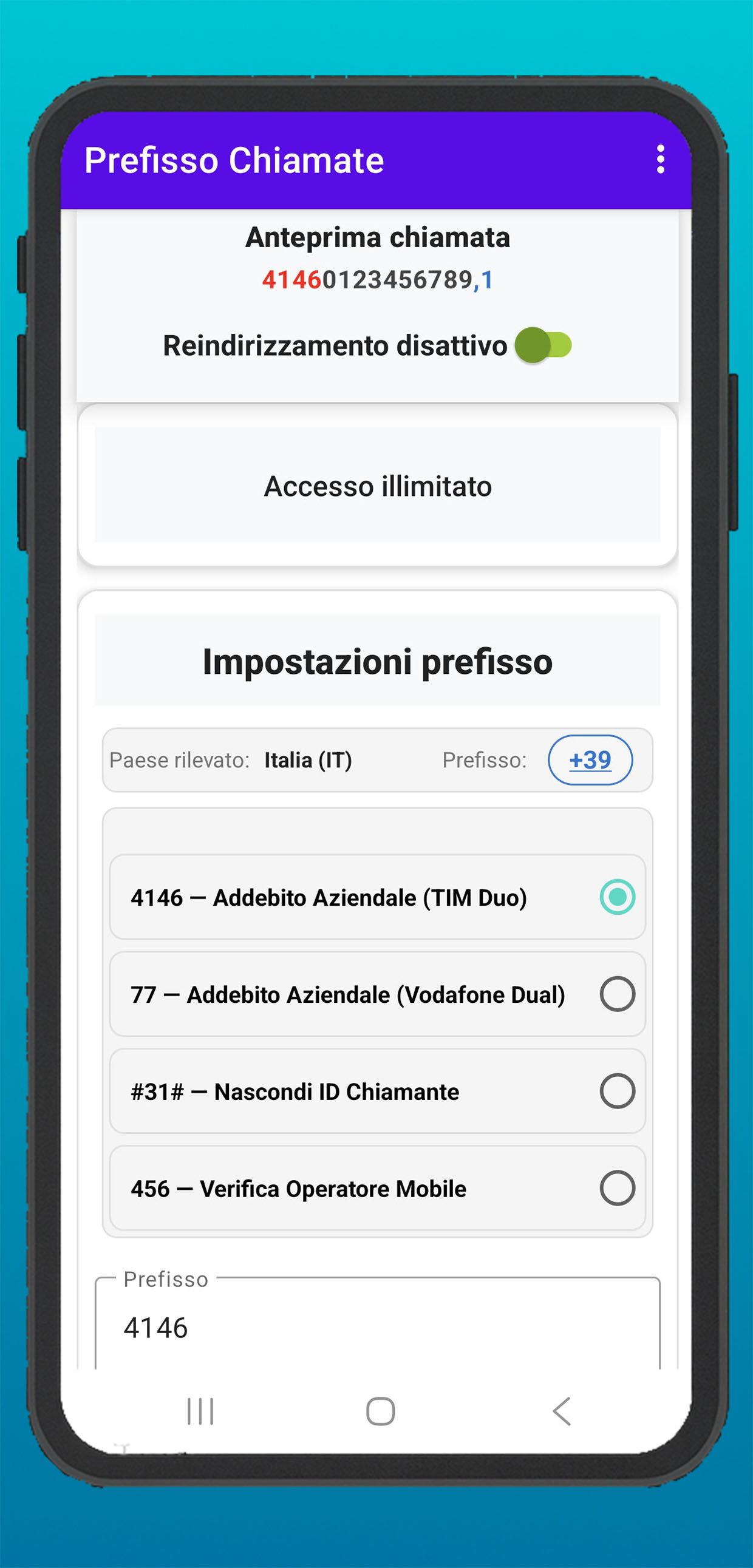 Schermata principale di Prefisso Chiamate