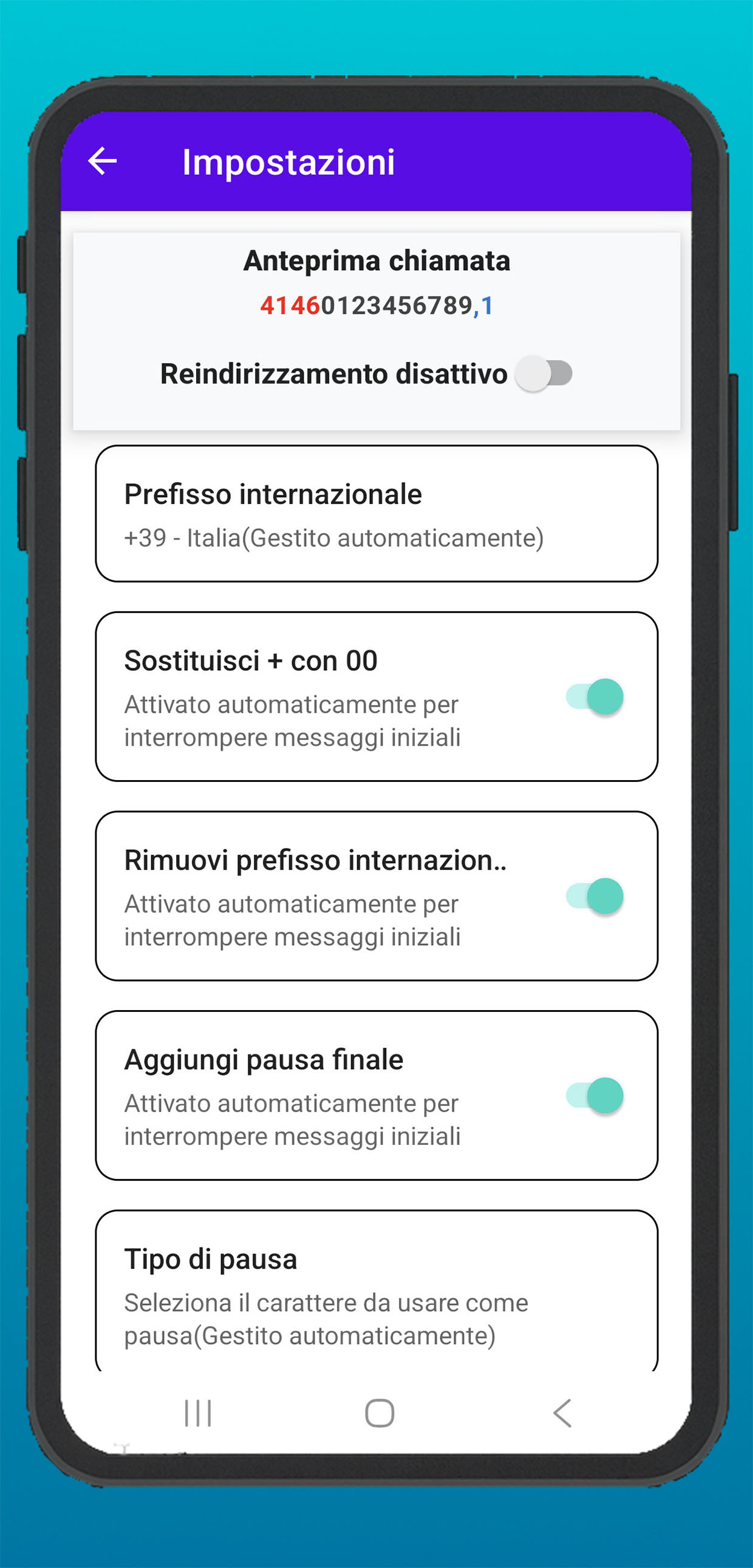 Impostazioni avanzate con pause e prefissi