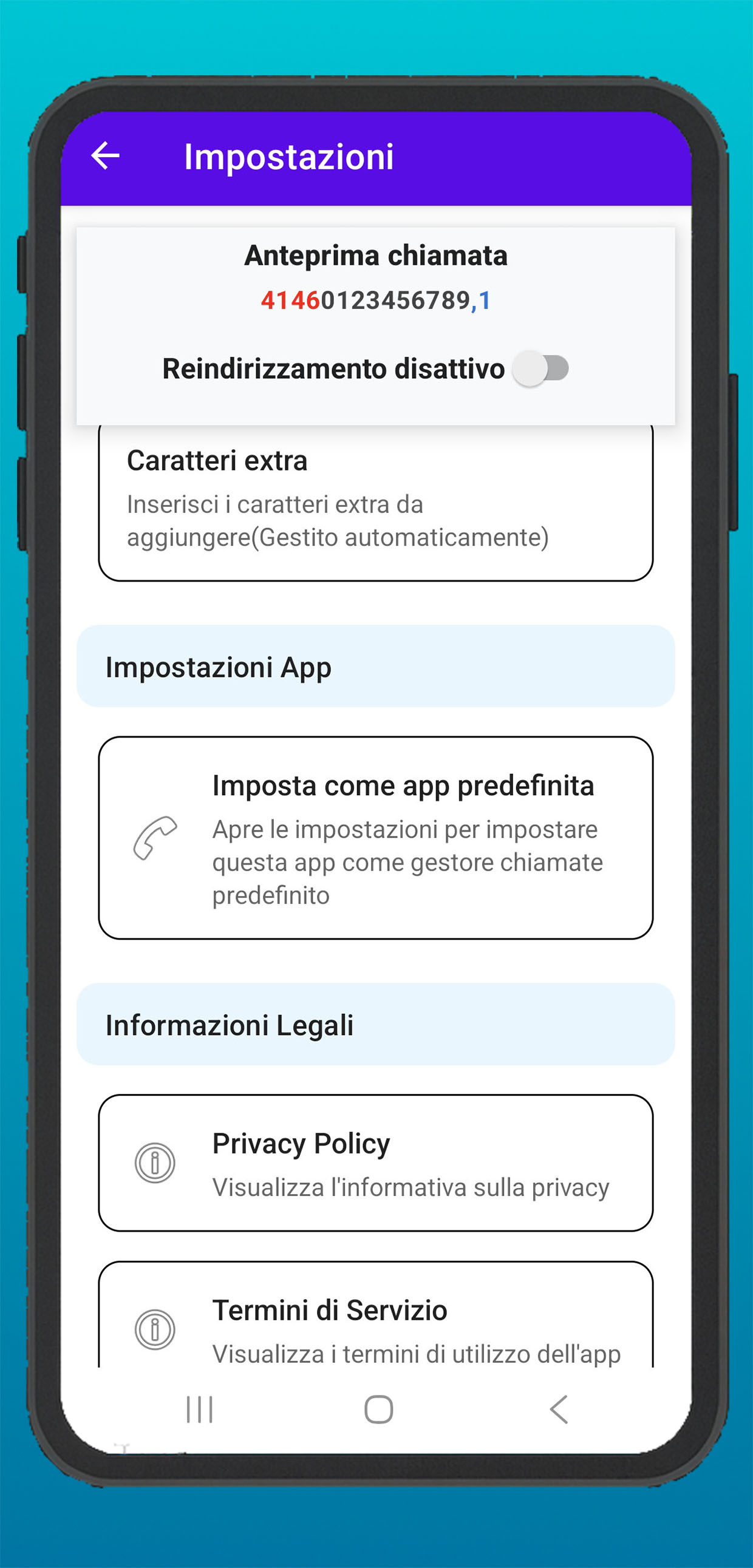 Sezione informazioni legali nell'app